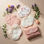 A visually appealing flat lay image featuring a set of reusable nursing pads arranged neatly on a soft, neutral-toned background. The nursing pads are in soft pastel colors, with some showcasing delicate patterns such as floral or polka dots. Surrounding the nursing pads are natural elements like a sprig of eucalyptus and a few lavender flowers, symbolizing eco-friendliness. A small, stylish carrying pouch is included in the layout to suggest convenience. Soft lighting highlights the textures of the pads, evoking a warm and nurturing atmosphere.