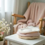 A serene and inviting scene featuring a soft, pastel-colored nursery setting. In the foreground, a pair of reusable breastfeeding pads neatly stacked next to a delicate flower bouquet on a white wooden table. The pads are made of organic cotton and come in soothing shades of beige and light pink. In the background, a cozy rocking chair draped with a knitted blanket and a gentle light filtering through a nearby window create a warm and calming atmosphere, perfect for new mothers. A subtle hint of baby toys is visible, emphasizing the nurturing environment.