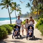 A vibrant and sunny scene on the Sunshine Coast featuring a family with young children enjoying a day out. The parents are pushing two modern, stylish strollers along a scenic beach pathway lined with palm trees. In the background, the sparkling blue ocean meets the sandy beach, creating a relaxing holiday atmosphere. The children are smiling and pointing at seagulls flying overhead, while the parents are dressed in casual summer attire, embodying the carefree spirit of a family vacation. The overall image conveys joy, adventure, and the convenience of stroller hire for exploring the beauty of the Sunshine Coast.