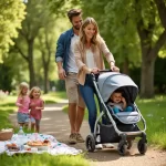 A vibrant, sunny outdoor scene featuring a smiling family with two young children, enjoying a day at the park. The parents are pushing a sleek, modern travel pram with ample storage, showcasing its versatility and comfort. The children are happily playing while the family is surrounded by lush greenery, picnic blankets, and a colorful picnic setup. The atmosphere is joyful and inviting, highlighting the ease of traveling with the right gear.